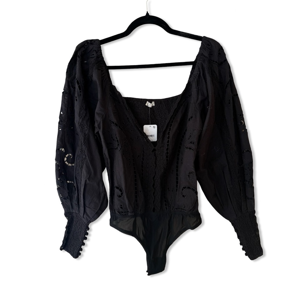 Free People Regina Black Blouse intimately bodysuit corset Victorian NWT L - Picture 3 of 8